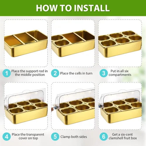 Vista 4 de Ziliny - Contenedor de 6 bandejas para servir alimentos para encimera, transparente, color dorado Stainless Steel Ice Food Serving Tray, Buffet