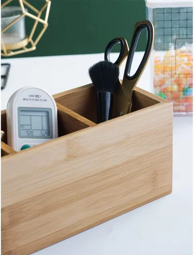 Vista 4 de Soporte para lápices de madera de bambú para escritorio, soporte de control remoto, organizador, almacenamiento de escritorio con 3 compartimentos