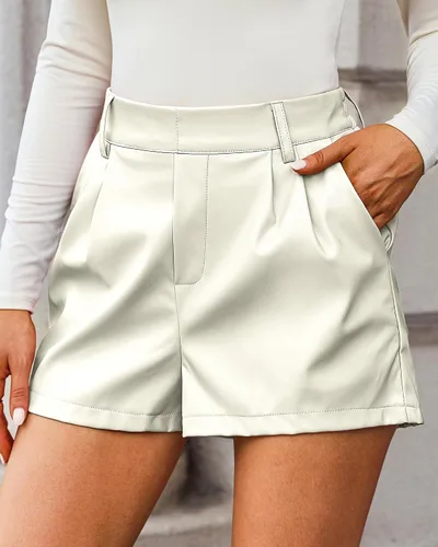Vista 5 de luvamia Pantalones cortos de piel sintética para mujer, cintura alta, plisados, pierna ancha, elásticos, con bolsillos, pantalones cortos de piel