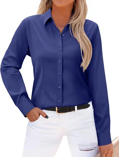 Vista 16 de Gleeivy - Camisas abotonadas para mujer, sin arrugas, de manga larga, camisas de vestir casuales con cuello V, ajustadas, de un solo