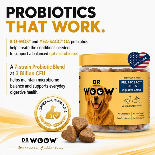Vista 4 de Dr. Woow Pre, Post y probióticos para perros Apoyo digestivo para perros 90 masticables 3 mil millones de UFC de probióticos para perros de 7