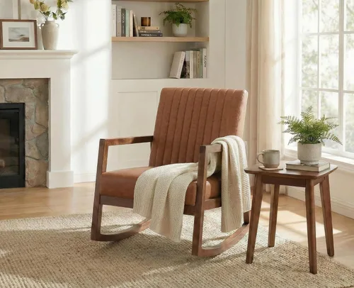 Vista 7 de CIMOTA Mecedora moderna de cuero de mediados de siglo, silla tapizada con brazo con asiento acolchado, marco de madera, cómoda mecedora para sala