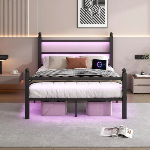 Vista 3 de CLIBFENG Base de cama de tamaño matrimonial con cabecero y estribo, soporte de listones de acero, marco de cama LED con estación de carga, base