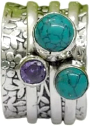Vista 9 de Multi-Gemstone Spinner Ring for Women, 925 Sterling Silver Boho Meditation Band with Amethyst, Moonstone, Opal, Garnet, Gift for Her