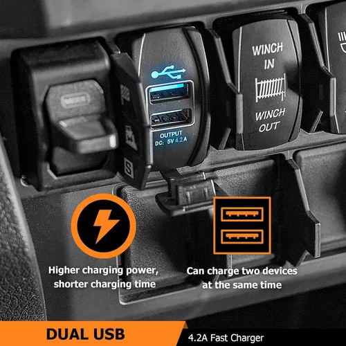 Vista 2 de WeiSen Cargador USB dual 4.2A Plug & Play, estilo interruptor basculante, 18 AWG, 12 V/24 V, carga rápida con barra de alimentación de pulso