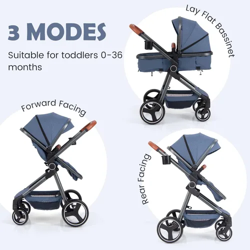 Vista 3 de INFANS Cochecito de bebé 2 en 1, cuna convertible para recién nacido, plegable, alta absorción de impactos con asiento reversible, estructura