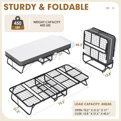 Vista 3 de INTERGREAT Cama plegable con colchón, cama plegable portátil de 75.2 x 31.5 pulgadas para adultos, cama plegable con colchón de 5 pulgadas