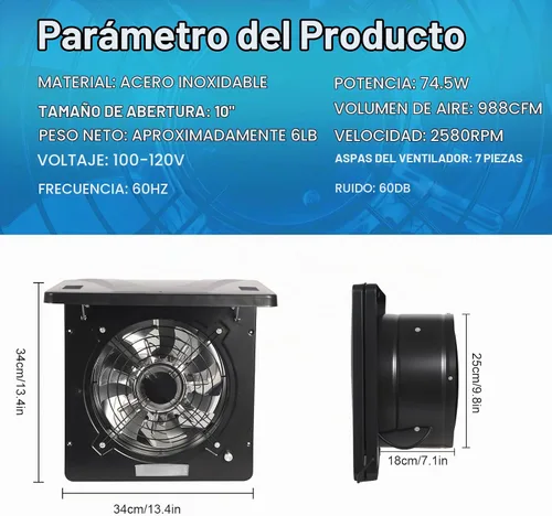 Vista 3 de Ventilador de escape de 10 pulgadas con interruptor, potente ventilador de escape de pared de 1236 CFM con amortiguador, ventiladores de escape