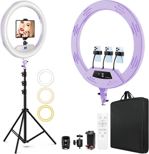 Vista 8 de Anillo de luz de 22 pulgadas con soporte, trípode de luz de anillo para iPhone iPad, con trípode de 75 pulgadas, pantalla LCD, 4 clips para iPad, 2