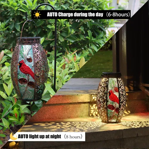 Vista 2 de Faroles solares colgantes para exteriores, luz LED cardenal de cristal, impermeable, hueca, decoración de metal, jardín, patio, regalos, mesa
