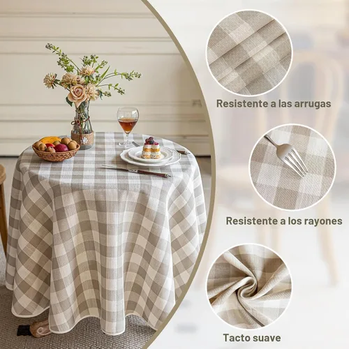 Vista 3 de Alsoo Mantel redondo de cuadros beige de 60 pulgadas, mantel circular a cuadros, lavable, sin arrugas, de lino y algodón, para picnic, cocina
