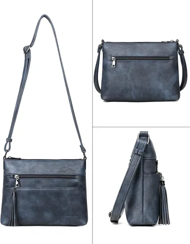Vista 6 de MASINTOR Bolsos cruzados para mujer, bolso cruzado ligero y mediano, de cuero suave, bolsos de hombro para mujer con borla, Gris azul, Bandolera