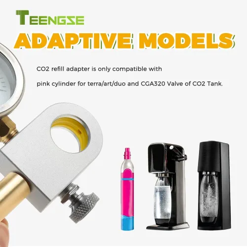 Vista 4 de Adaptador de recarga de CO2 con medidor de presión, adaptador rápido de repuesto de carbonatador de intercambio de soda plateado TEENGSE compatible