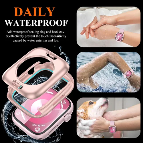 Vista 4 de YMHML Funda para Apple Watch Series 9/8/7 de 1.614 pulgadas, protector de pantalla de vidrio templado 360, cubierta frontal de policarbonato duro +