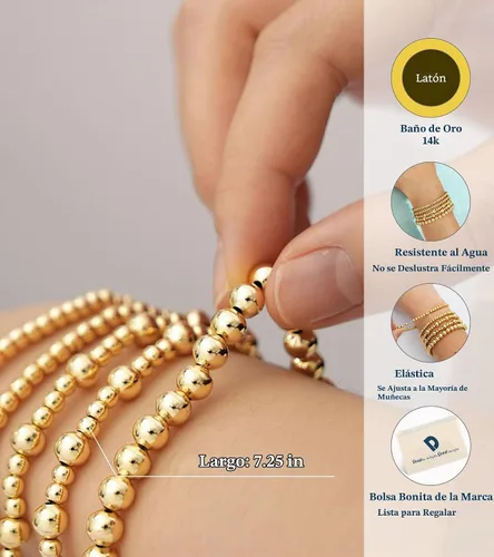 Vista 4 de Doubgood - Pulseras de oro para mujer, juego de 5 piezas, pulseras chapadas en oro de 14 quilates, conjuntos de joyería con cuentas elásticas