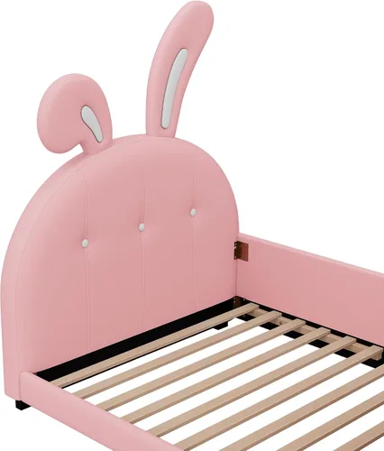 Vista 7 de Bellemave Cama de plataforma tapizada tamaño individual con cabecera en forma de conejo, cama de princesa rosa para niñas, marco bajo con riel