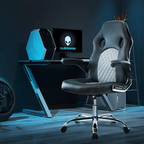 Vista 2 de Silla de oficina ergonómica para videojuegos, silla de oficina de piel sintética, silla de escritorio con respaldo alto, silla de trabajo giratoria