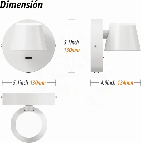 Vista 2 de URSOLA Aplique de pared LED con interruptor de encendido/apagado, puerto de carga USB, lámpara de pared cableada de 110 voltios, apliques giratorios