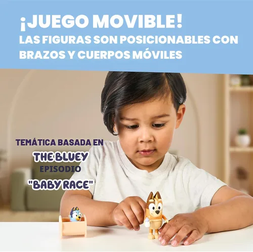 Vista 4 de Paquete de 2 figuras articuladas de juguete de carreras de Bluey Baby, juguetes de personajes con Chilli y bebé en cuna accesorio, figuras de acción