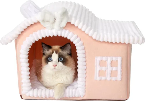 Vista 12 de Jiupety Casas de Gatos con Forma de Oso para Gatos de Interior, Cueva de Cama para Gatos Linda con Chimenea, Suficiente Espacio Interior, Casa Suave