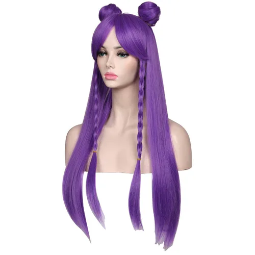 Vista 2 de ColorGround Peluca larga y recta trenzada morada con dos moños para cosplay y contras
