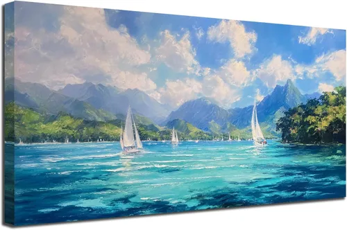 Vista 15 de Arjun Pintura de Paisaje Puesta de Sol Montaña Lago Arte de Pared en Lienzo con Textura Enmarcado Grande 40"x20"- Impresiones de Cuadros Serenos