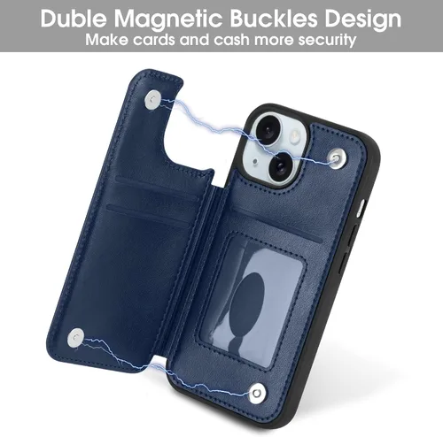 Vista 5 de Arae Funda para iPhone 15 [6.1 pulgadas] - Funda tipo cartera con bolsillos para tarjetas de piel sintética con tapa trasera para iPhone 15 de 6.1