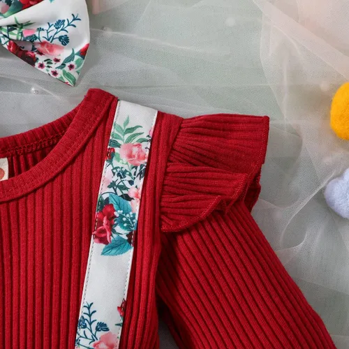 Vista 4 de Haokaini Ropa para bebé niña, vestido de mameluco para recién nacido, manga larga, con volantes, falda floral con tirantes, conjunto de overol