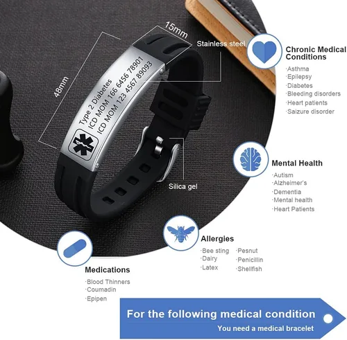 Vista 69 de OPALSTOCK Pulseras médicas personalizadas de silicona ajustable para identificación de emergencias, grabado gratuito, 9 pulgadas, resistente al