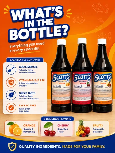Vista 4 de SCOTT'S EMULSION Aceite de hígado de bacalao líquido para niños, sabor a cereza, apoya el crecimiento, la inmunidad y la salud ósea, rico en omega 3