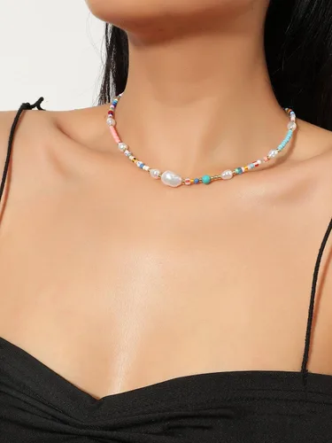 Vista 3 de FUTIMELY Gargantilla de cuentas verdes bohemias para mujeres y niñas, collar de gargantilla de cuentas redondas cuadradas de cuentas verdes frescas