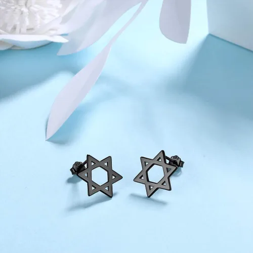 Vista 2 de Pendientes para mujer, diseño de estrella de Davidtriángulo geométricohexágono geométricotriskele celta en plata de ley, tono negro, pendientes
