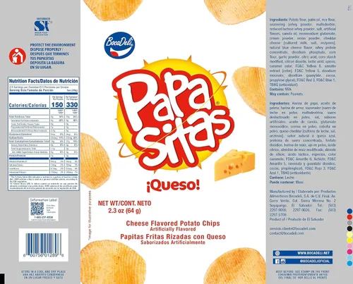 Vista 2 de Bocadeli Papasitas Queso, papas fritas con sabor a queso, 2.3 oz (1 paquete) (tamaño regular 2.3 oz)