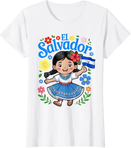 Vista 19 de Camiseta de estilo tradicional floral para niña con la bandera de El Salvador