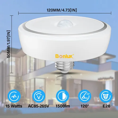 Vista 4 de Bonlux PIR - Lámpara de techo LED con sensor de movimiento, 15 W (equivalente a 150 W), base media E26, luz de techo LED de atardecer a amanecer