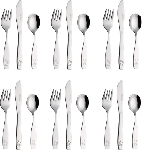 Vista 10 de Exzact Cubiertos para niños, 18 piezas, utensilios para niños pequeños, 6 tenedores, 6 cuchillos, 6 cucharas, aptos para lavavajillas, 2 años