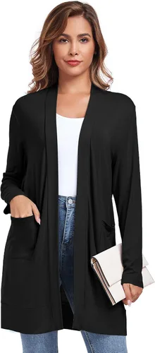 Vista 2 de TownCat Cárdigan ligero para mujer con bolsillo, manga larga, frente abierto, casual, cárdigan suelto para mujer (negro 1, XXL)