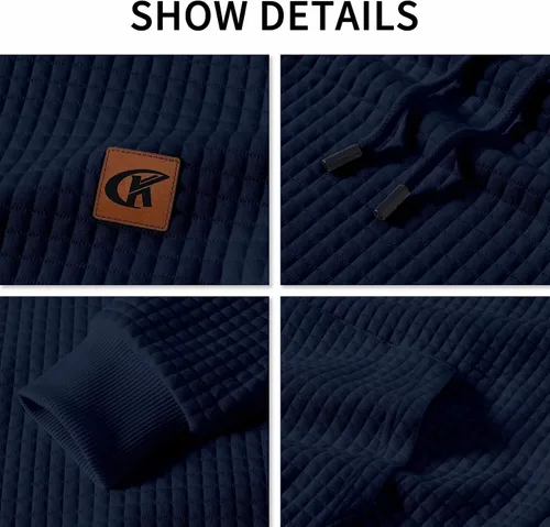 Vista 4 de Sudadera de manga larga para hombre, con capucha con cordón, de jacquard a cuadros, estilo informal y hípster, con bolsillo de canguro