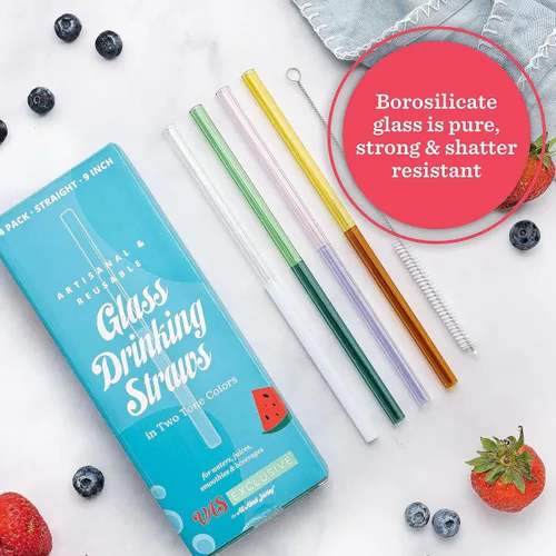 Vista 4 de Pajitas de vidrio – Dos colores – Juego de 5 unidades para beber jugos, batidos, aguas, resistentes a roturas, reutilizables, elegantes