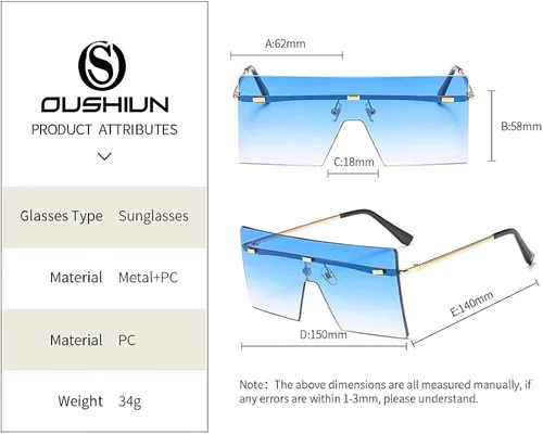 Vista 4 de OuShiun cuadrado de gran tamaño sin montura gafas de sol retro moda superior plana grandes sombras para mujeres hombres protección UV