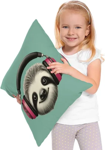 Vista 2 de Moslion Funda de almohada decorativa de perezoso con auriculares, funda de almohada cuadrada de lino y algodón de 18 x 18 pulgadas para sofá cama