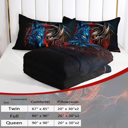 Vista 4 de AILONEN Juego de edredón con cabeza de lobo impresa tamaño individual, juego de ropa de cama de lobo para la noche para niños y hombres, juego