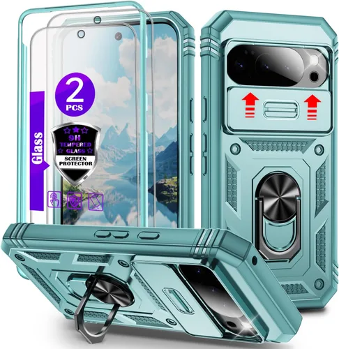 Vista 18 de Funda para Pixel 9 Pro XL con cubierta deslizante para cámara, 2 protectores de pantalla de vidrio templado, soporte de anillo giratorio de 360°