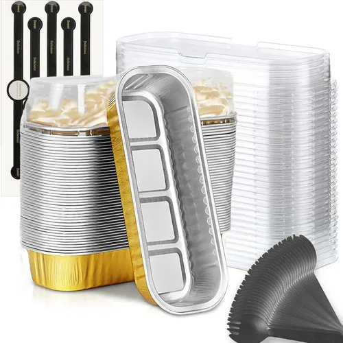Vista 11 de Findful Mini Moldes para Hornear Pan con Tapas y Cucharas (Paquete de 50, 6.8oz) Moldes Rectangulares de Papel de Aluminio para Hornear Recipientes