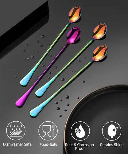 Vista 5 de Cuchara de té helado de mango largo, cucharas para mezclar cócteles, cucharas de café de acero inoxidable, cuchara de helado de colores Juego de 8