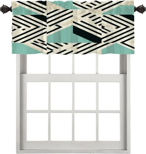 Vista 13 de Cortinas geométricas de cocina para ventanas, color negro, blanco, turquesa, cenefas opacas de poliéster multicapa para cocina, paquete de 2