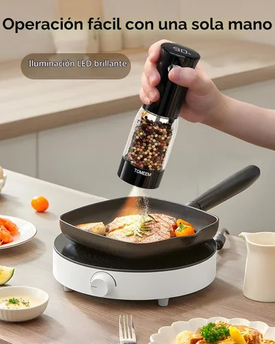 Vista 4 de TOMEEM Juego de molinillo eléctrico de sal y pimienta, recargable con indicador de alimentación LED, molienda ajustable de 5 niveles, luz LED