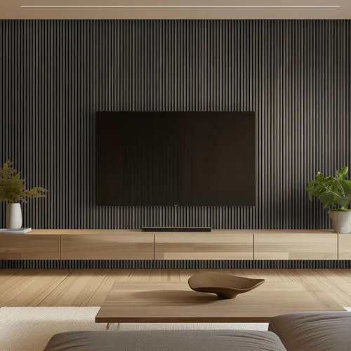 Vista 2 de MSI Paquete de 4 paneles de pared de listones de madera acústica para decoración de interiores, paneles de madera acanalados 3D que absorben