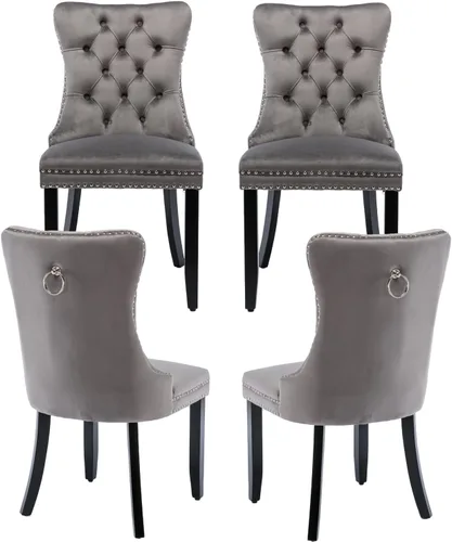 Vista 84 de Juego de 2 sillas de comedor de terciopelo, silla de comedor tapizada de alta gama con tirador de anillo en la espalda, adorno de clavos y patas