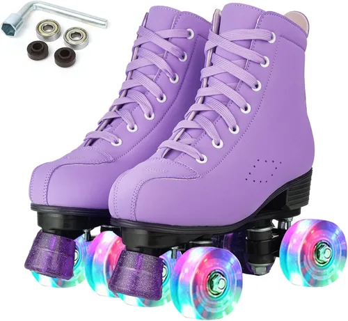 Vista 8 de YYW Patines de ruedas para mujeres y niñas, zapatos de tacón alto, patines de dos filas, brillantes, de cuatro ruedas, unisex, de piel sintética